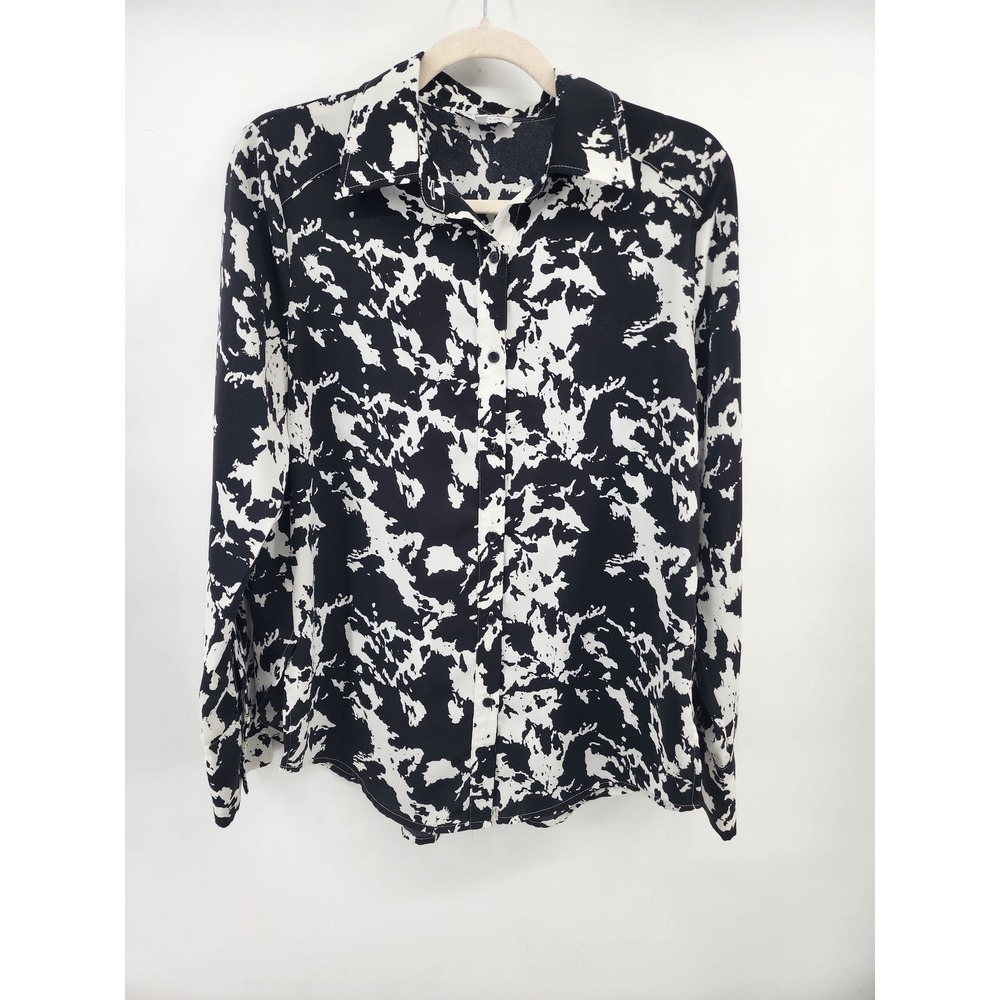ACOA Womens Small Black White Abstract Cow Print Button Front Long Sleeve Blouse